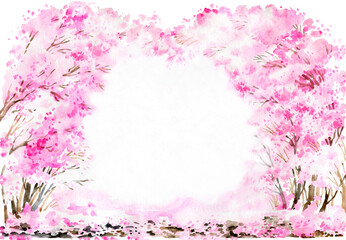 Watercolor blossom sacura background. Blooming spring tree texture, frame