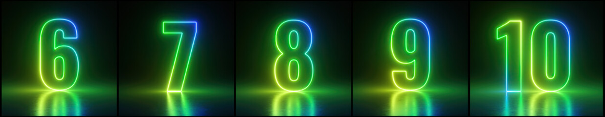 3d render, neon numbers from six to ten glowing in the dark with green light, laser rays over black background