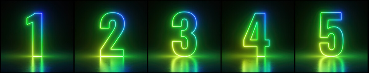 3d render, neon numbers from one to five glowing in the dark with green light, laser rays over black background - obrazy, fototapety, plakaty