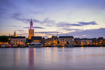 Fototapeta na wymiar The skyline of the medieval city of Kampen during the blue hour