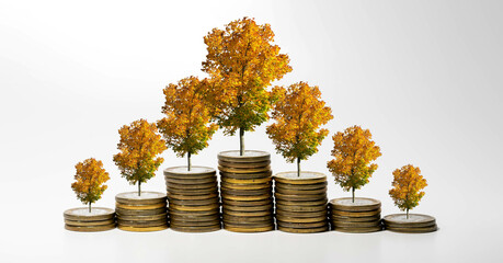 Increasing and decreasing pile of coins going up with growing and down yellow tree on top