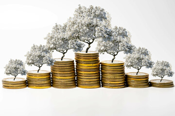 Increasing and decreasing pile of coins going up with growing and down white tree on top