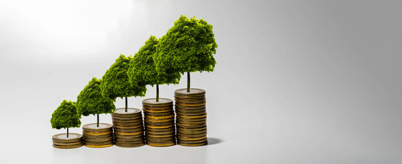 Increasing Piles Of Coins with growing  plant on top. Investment and Saving concept