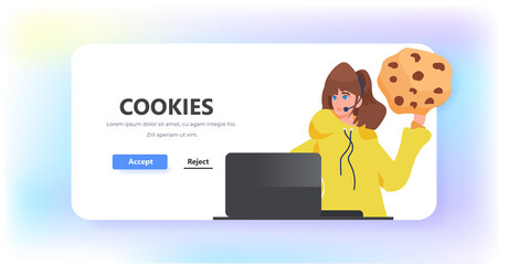 woman holding cookie protection of personal information internet web pop up we use cookies policy notification