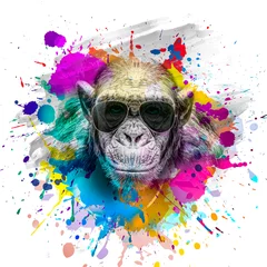 Foto op Canvas monkey head in eyeglasses with creative colorful abstract elements on dark background, close view © reznik_val