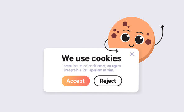 protection of personal information cookie mascot character with internet web pop up we use cookies policy notification