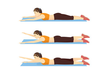Woman doing exercise with swimmer pose on the blue mat in 3 steps for guide. Illustration about Workout diagram.