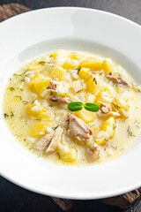 chicken soup vegetables broth and rice fresh portion dietary healthy meal food diet still life snack on the table copy space food background rustic top view keto or paleo diet