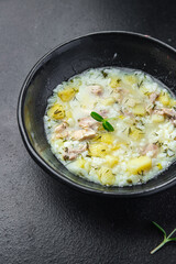 chicken soup vegetables broth and rice fresh portion dietary healthy meal food diet still life snack on the table copy space food background rustic top view keto or paleo diet