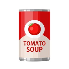 Can of condensed tomato soup. Vector flat color illustration. - 485342546