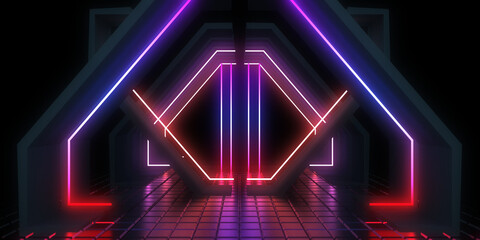 3D abstract background with neon lights. neon tunnel  .space construction . .3d illustration