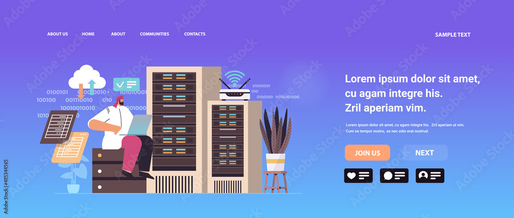 Poster arab businessman working in data center room hosting server computer monitoring information database concept