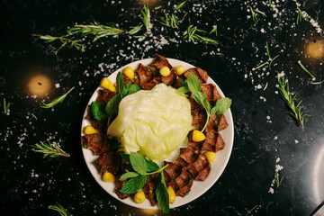 Turkish food, cigkofte, steak a la turca or chee kofta