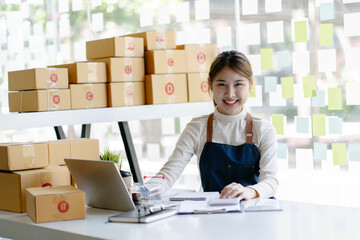 Asian woman using laptop with parcel boxes in delivery service theme. Part time and lifestyle concept