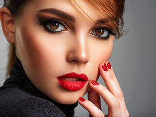 Beautiful brunette girl with red lips and short hair. Pretty young sensual woman with red nails. Closeup portrait of a model with bright makeup on a face. Attractive female posing at studio.