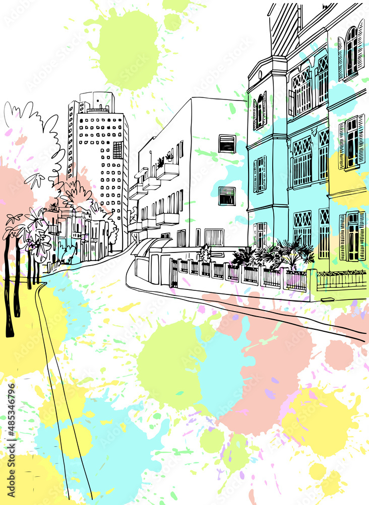 Wall mural old street of tel aviv, israel. white city, bauhaus style. colorful vector illustration in hand draw