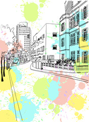 Old street of Tel Aviv, Israel. White City, Bauhaus style. Colorful vector illustration in hand drawn style. Urban landscape sketch. Line art. Ink drawing on splash background