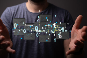 holding smartphone and checking email online on web with