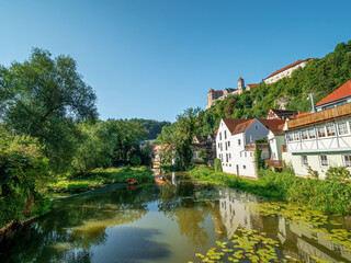 Fototapeta na wymiar Green Summer Landscape along the Donau Ries Harburg City Valley with blue sky background