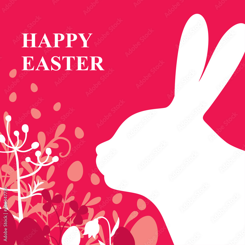 Wall mural Card with Easter eggs and rabbit profile in the grass