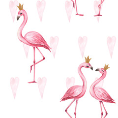 Watercolor seamless pattern with pink flamingos for Valentine's days.