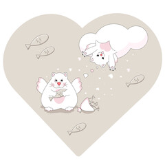 COUPLE OF CUTE CATS IN LOVE WITH WINGS ONE CAT HOLDS A FISH IN PAWS 
FOR VALENTINA , FOR VALENTINE'S DAY. ROMANTIC CATS.