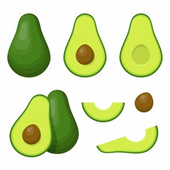 Avocado set isolated on white background. Bright green whole fruit or vegetables, half, slices, with a large seed. Summer fruits for a healthy lifestyle. Organic fruits. Vector illustration