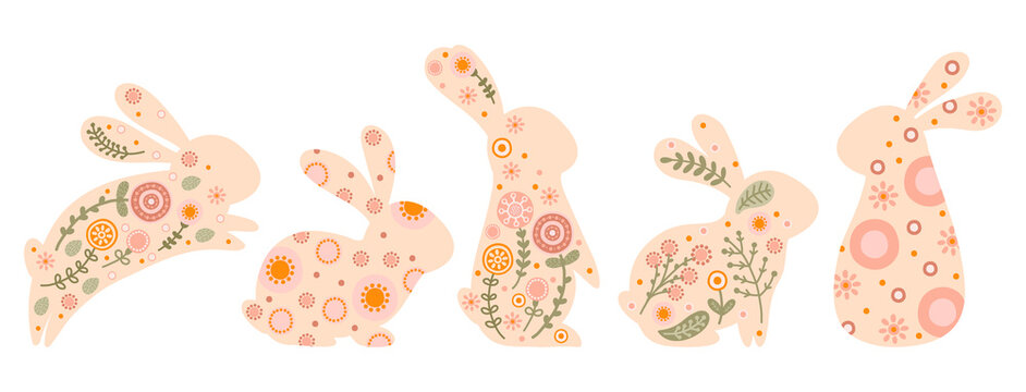 Set easter rabbit in pastel colors. Illustrations with silhouettes bunnies, flowers and and abstract pattern. Vector