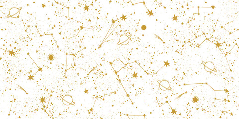 Magical seamless pattern with golden constellations and stars on a white background. Mystical esoteric boho background for fabric design, tarot, astrology, wrapping paper. Vector illustration.