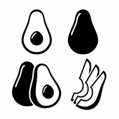 Avocado set icons isolated on white background. Whole fruit or vegetables, half, slices, with a large seed. Summer fruits for a healthy lifestyle. Organic fruits. Vector illustration