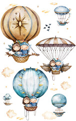 watercolor hot air balloons with knight and princess in the clouds, romantic mood in pastel colors © Anna Terleeva