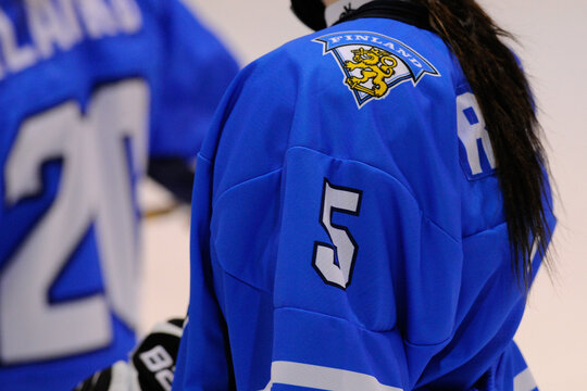 Closeup of the jersey of women's Finnish national ice hockey team
