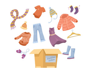 Winter clothes for donation cartoon illustration set. Used sweatshirt, shirt, scarf, sweater, hat in cardboard box or container isolated on white background. Charity, social care and help concept