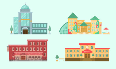 Educational institutions cartoon illustration set. Front view of high and elementary school, university, kindergarten and school of modern art. Building entrance concept