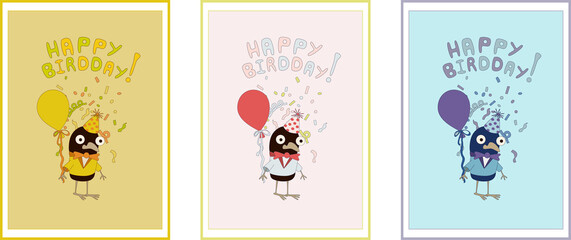 A set of birthday illustrations. Happy birthday to you, festive bird, balloon, ready-to-use greeting cards, eps. For your design