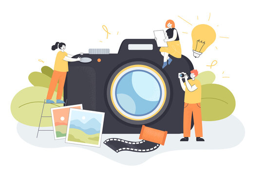 Huge camera and tiny people taking pictures. Photographer with camera, photos of landscapes flat vector illustration. Photography, occupation concept for banner, website design or landing web page