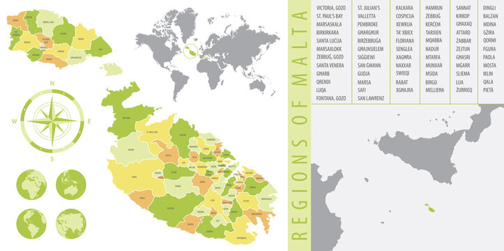 Detailed map of Malta with administrative divisions of the country, color vector illustration