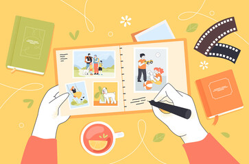Top view of hands with retro photo album full of happy memories. Photographer putting photos in diary flat vector illustration. Lifestyle, family concept for banner, website design or landing web page - obrazy, fototapety, plakaty