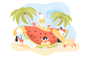 Obraz na płótnie Canvas Tiny male cartoon character surfing huge watermelon. Family having fun on beach, woman sun bathing next to umbrella, pool party scene flat vector illustration. Summer activities, traveling concept