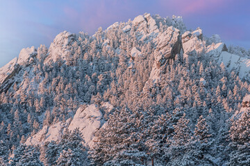 Winter landscape of the Flatirons on Bear Mountain at sunrise, Rocky Mountains, Boulder, Colorado, USA