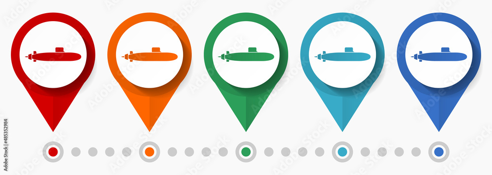 Poster submarine, army concept vector icon set, flat design pointers, infographic template