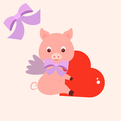 A cute piggy with a heart, a bow and wings behind his back for Valentine's Day!