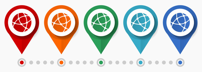 Web, internet concept vector icon set, flat design globe pointers, infographic template