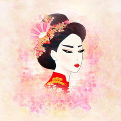 Beautiful Japanese Geisha - artistic portrait on a floral pink background