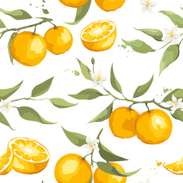 Summer pattern with orange branch. Seamless background with citrus fruits, vector illustration, print.	