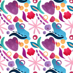 Seamless watercolor abstract pattern with simple flowers and shapes on a white background.