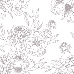 Seamless pattern with outlined flowers, peonieas and dahlias, leaves