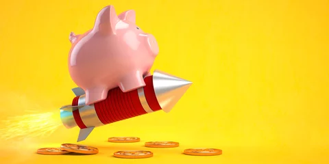 Fototapeten Piggy bank on a flying rocket on yellow. Financial, investing, savings and wealth management solution concept. © Maksym Yemelyanov