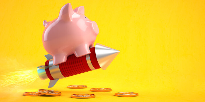Piggy bank on a flying rocket on yellow. Financial, investing, savings and wealth management solution concept.