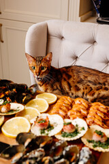 Variety of seafood on wooden cutting board on table in home interior. Oriental cat sits on armchair at table.